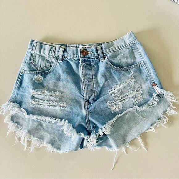 ONE TEASPOON High Rise Le Wolves Distressed Mid Blue Wash Denim Cutoffs Short 25 - Picture 1 of 11